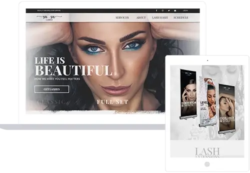 a laptop and ipad display of an eyelash salon website designed by clickfaktory web design in lexington kentucky