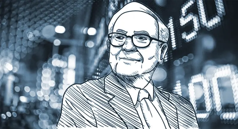 hand drawing of warren buffet with stock market tickers in the background