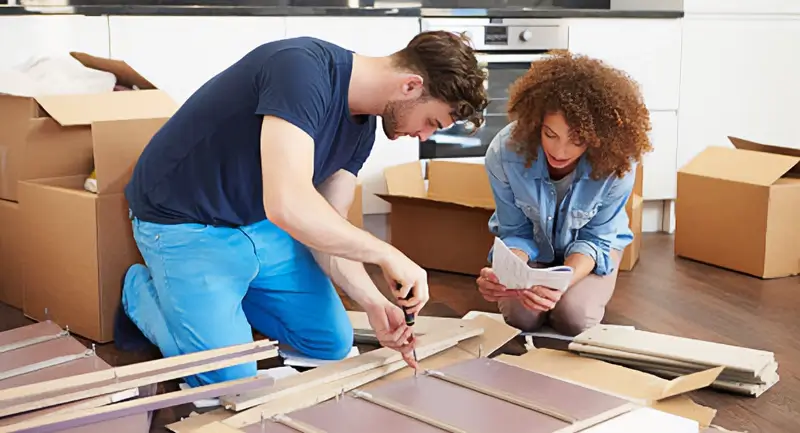 a picture of a young couple in their mid 20s assembling ikea furniture