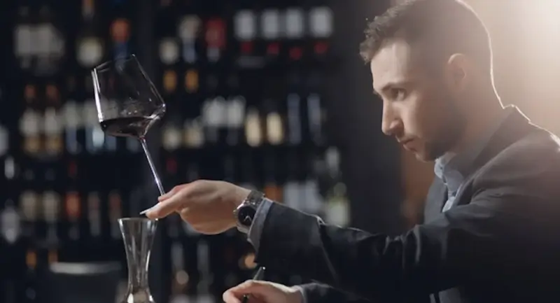 a picture of a man in a suit holding and examining a glass of red wine in a liquor store
