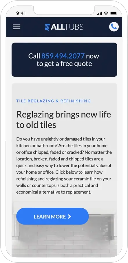 mobile responsive screenshot of all tubs website