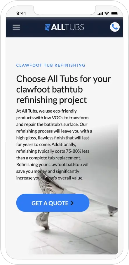 mobile responsive screenshot of all tubs website
