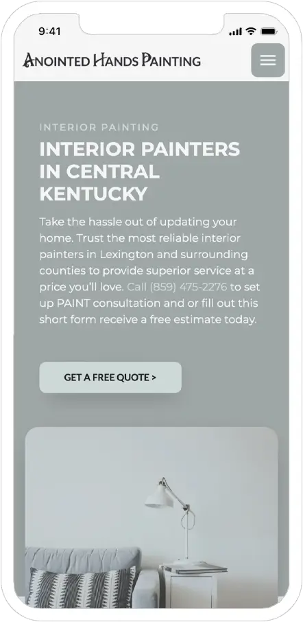 mobile responsive screenshot of anointed hands painting website