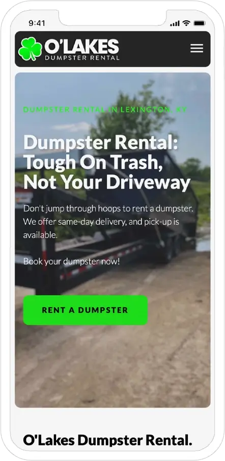 mobile responsive screenshot of olakes dumpster rental website