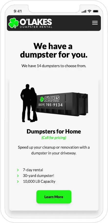 mobile responsive screenshot of olakes dumpster rental website