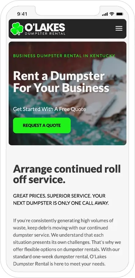mobile responsive screenshot of olakes dumpster rental website