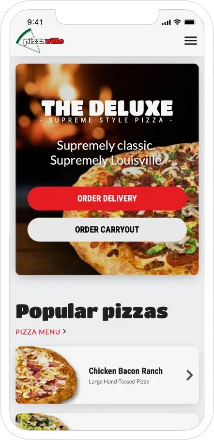 mobile responsive screenshot of pizzaville pizza restaurant website