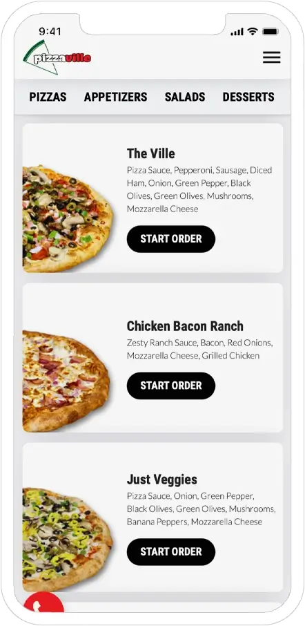 mobile responsive screenshot of pizzaville pizza restaurant website