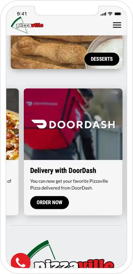 mobile responsive screenshot of pizzaville pizza restaurant website