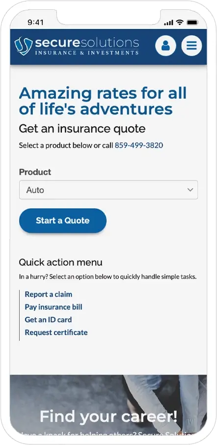 mobile responsive screenshot of secure solutions insurance website