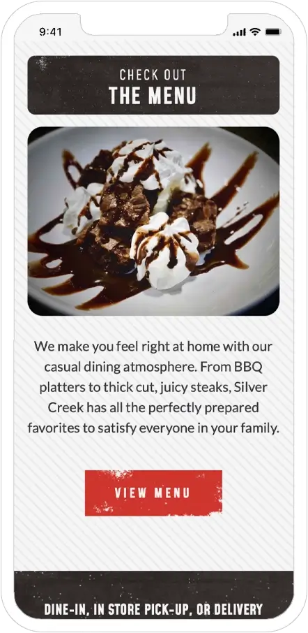 mobile responsive screenshot of silver creek restaurant website