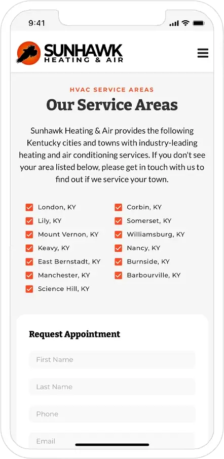 mobile responsive screenshot of sunhawk heating and air website