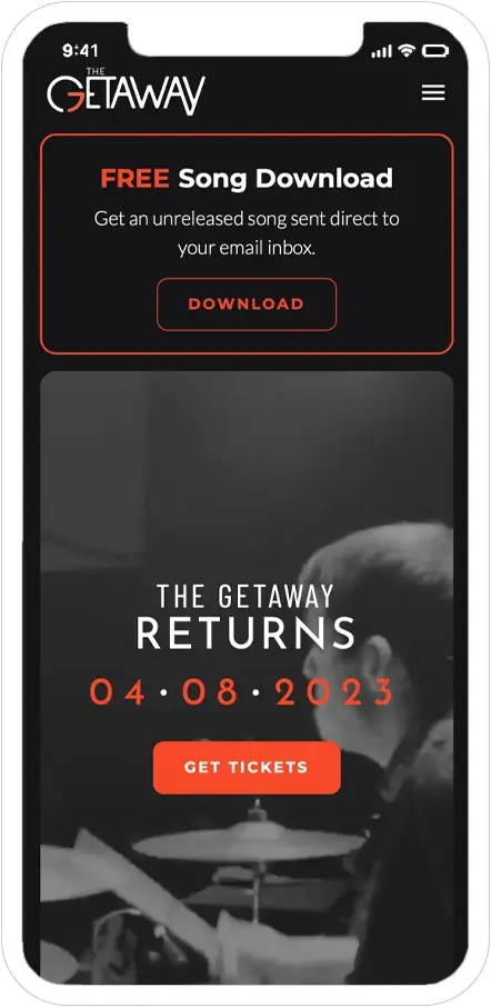 mobile responsive screenshot of the getaway band website