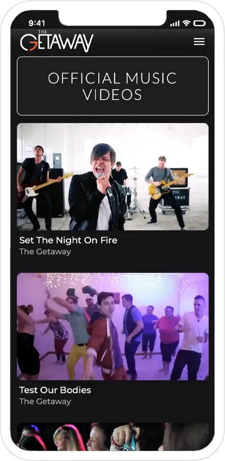 mobile responsive screenshot of the getaway band website