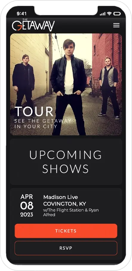 mobile responsive screenshot of the getaway band website